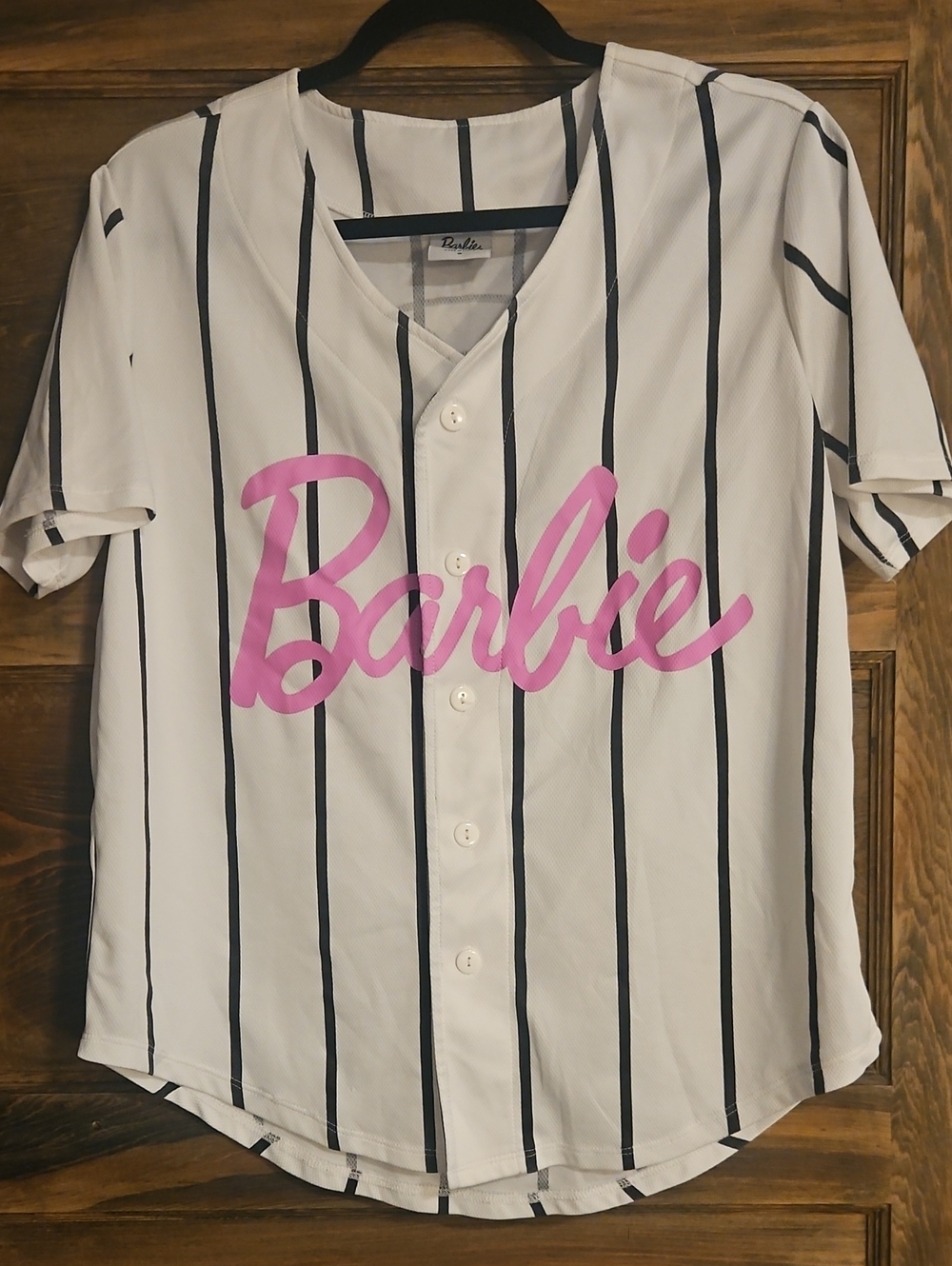 Barbie Pink Logo White Baseball Jersey with Black Pinstripes